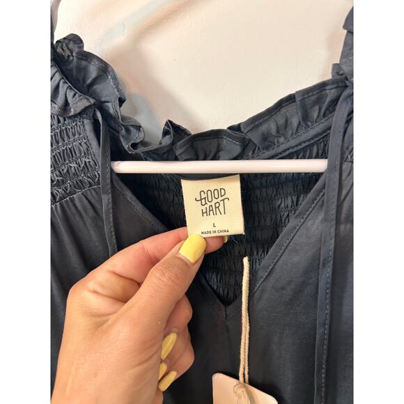 NWT Good Hart Women's Silky Long Sleeve Midi Dress Smocked Boho Blue Size Large - Picture 8 of 14